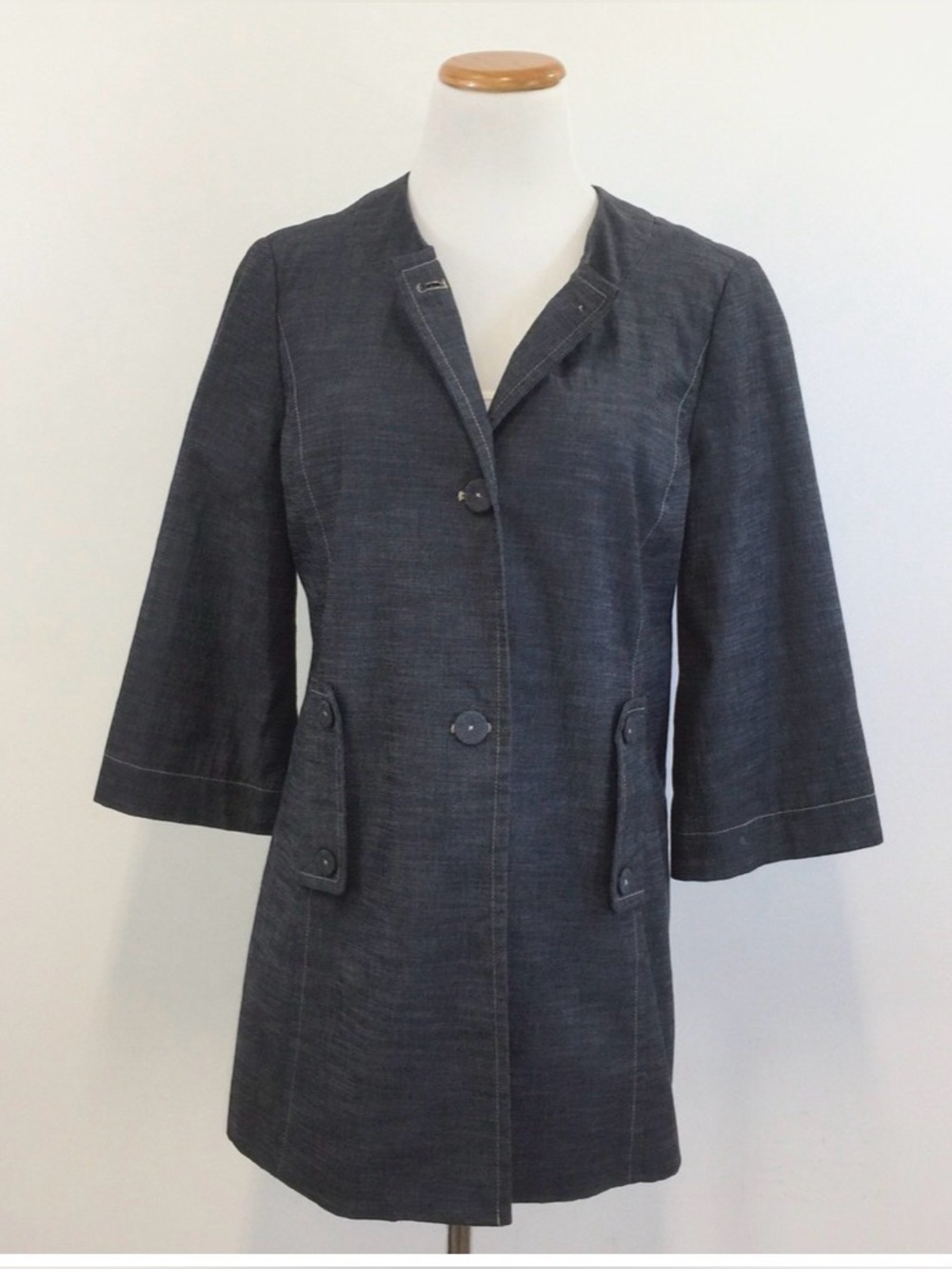 Rafaella Women's Navy/Gray Denim-Look Light Weight Trench Pea Coat Jacket